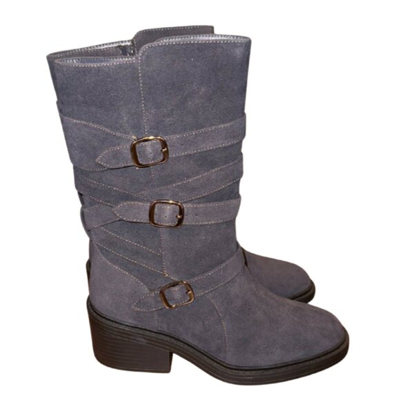 Shoes - Stylish Gray Suede Mid-Calf Boots with Buckle Straps – Women’s Size 7